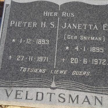 VELDTSMAN Pieter H.S. 1893-1971 &amp; Janetta E. SNYMAN 1895-1972