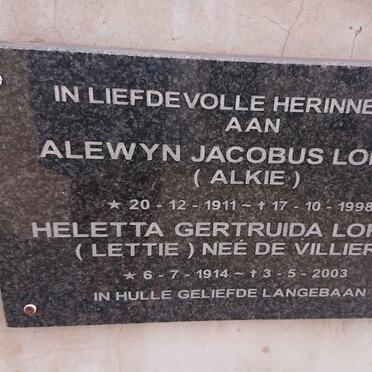 LOFTUS Alewyn Jacobus 1911-1998 & Heletta Gertruida DE VILLIERS 1914-2003