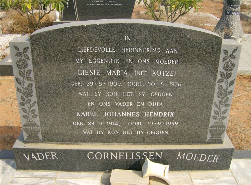 CORNELISSEN Karel Johannes Hendrik 1914-1999 &amp; Giesie Maria KOTZE 1909-1976