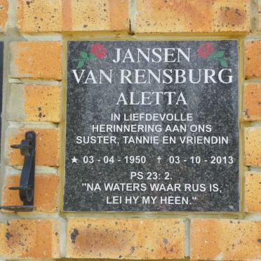 RENSBURG Aletta, Jansen van 1950-2013