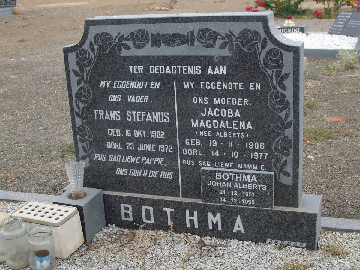 BOTHMA Frans Stefanus 1902-1972 &amp; Jacoba Magdalena ALBERTS 1906-1977 :: BOTHMA Johan Alberts 1951-1995