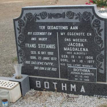 BOTHMA Frans Stefanus 1902-1972 &amp; Jacoba Magdalena ALBERTS 1906-1977 :: BOTHMA Johan Alberts 1951-1995