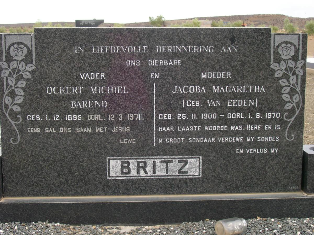 BRITZ Ockert Michiel Barend 1895-1971 &amp; Jacoba Magaretha VAN EEDEN 1900-1970