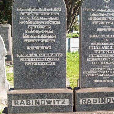 RABINOWITZ Simon A.  -1923 &amp; Bertha Miriam  -1954