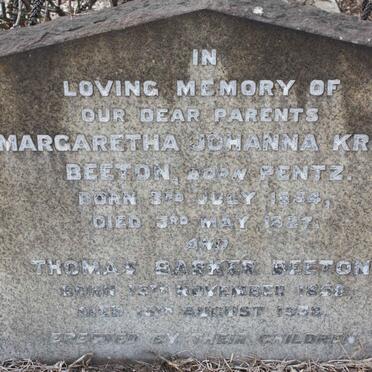 BEETON Thomas Barker 1858-1953 &amp; Margaretha Johanna Kriel PENTZ 1854-1927