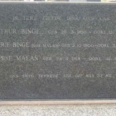 BINGE Arthur 1895-1963 &amp; Marie MALAN 1900-1963 :: MALAN Daphne 1918-1963
