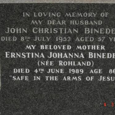 BINEDELL John Christian -1952 &amp; Ernstina Johanna ROHLAND -1989