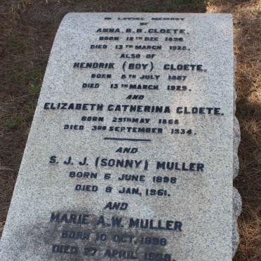 CLOETE Anna B.B. 1896-1928 :: CLOETE Hendrik 1887-1929 :: MULLER S.J.J. 1898-1961 &amp; Marie A.W. 1898-1968