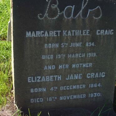 CRAIG Elizabeth Jane 1864-1930 :: CRAIG Margaret Kathleen 1894-1919