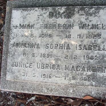 DURR Johan Frederik Wilhelm 1875-1925 :: DURR Johanna Sophia Isabella 1891-1962 :: DURR Eunice Ubrica Magaretha 1916-1920
