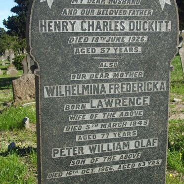 DUCKITT Henry Charles -1926 &amp; Wilhelmina F.LAWRENCE -1945 :: DUCKITT Peter W. Olaf -1966 