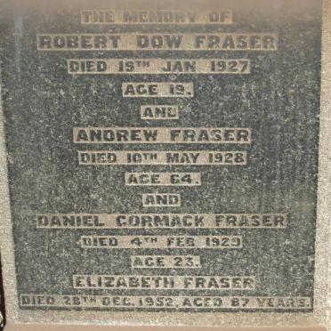 FRASER Robert Dow -1927 :: FRASER Andrew -1928 :: FRASER Daniel Cormack -1929 :: FRASER Elizabeth -1952