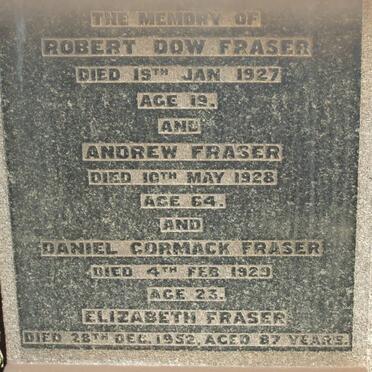 FRASER Robert Dow -1927 :: FRASER Andrew -1928 :: FRASER Daniel Cormack -1929 :: FRASER Elizabeth -1952
