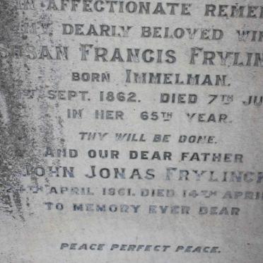 FRYLINCK  John Jonas 1861-1937 &amp; Susan Francis IMMELMAN 1862-1927