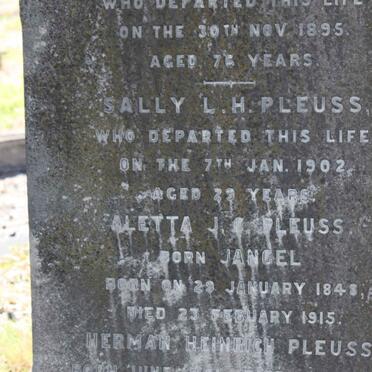 PLEUSS Sally L.H. -1902 :: PLEUSS Aletta J.S. nee JANGEL 