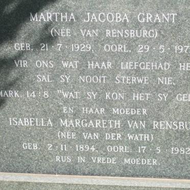 GRANT Martha Jacoba nee VAN RENSBURG 1929-1975 :: RENSBURG Isabella Margareth, van nee VAN DER WATH 1894-1982