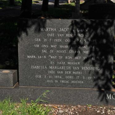 GRANT Martha Jacoba nee VAN RENSBURG 1929-1975 :: RENSBURG Isabella Margareth, van nee VAN DER WATH 1894-1982