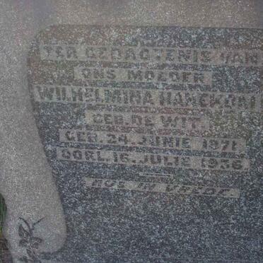 HANEKOM Wilhelmina nee DE WITT 1871-1936
