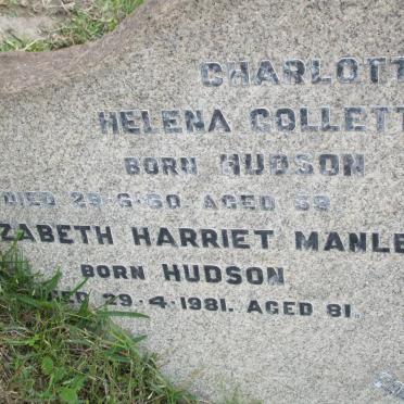 COLLETT Charlotte Helena nee HUDSON -1960 :: MANLEY Elizabeth Harriet nee HUDSON -1981
