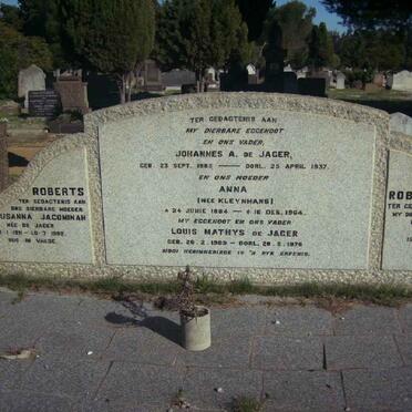 JAGER Johannes A., de 1885-1937 &amp; Anna KLEYNHANS 1884-1964 :: DE JAGER Louis Mathys 190?-1976