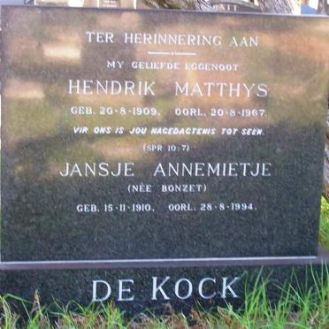 KOCK Hendrik Matthys, de 1909-1967 &amp; Jansje Annemietje  BONZET 1910-1994