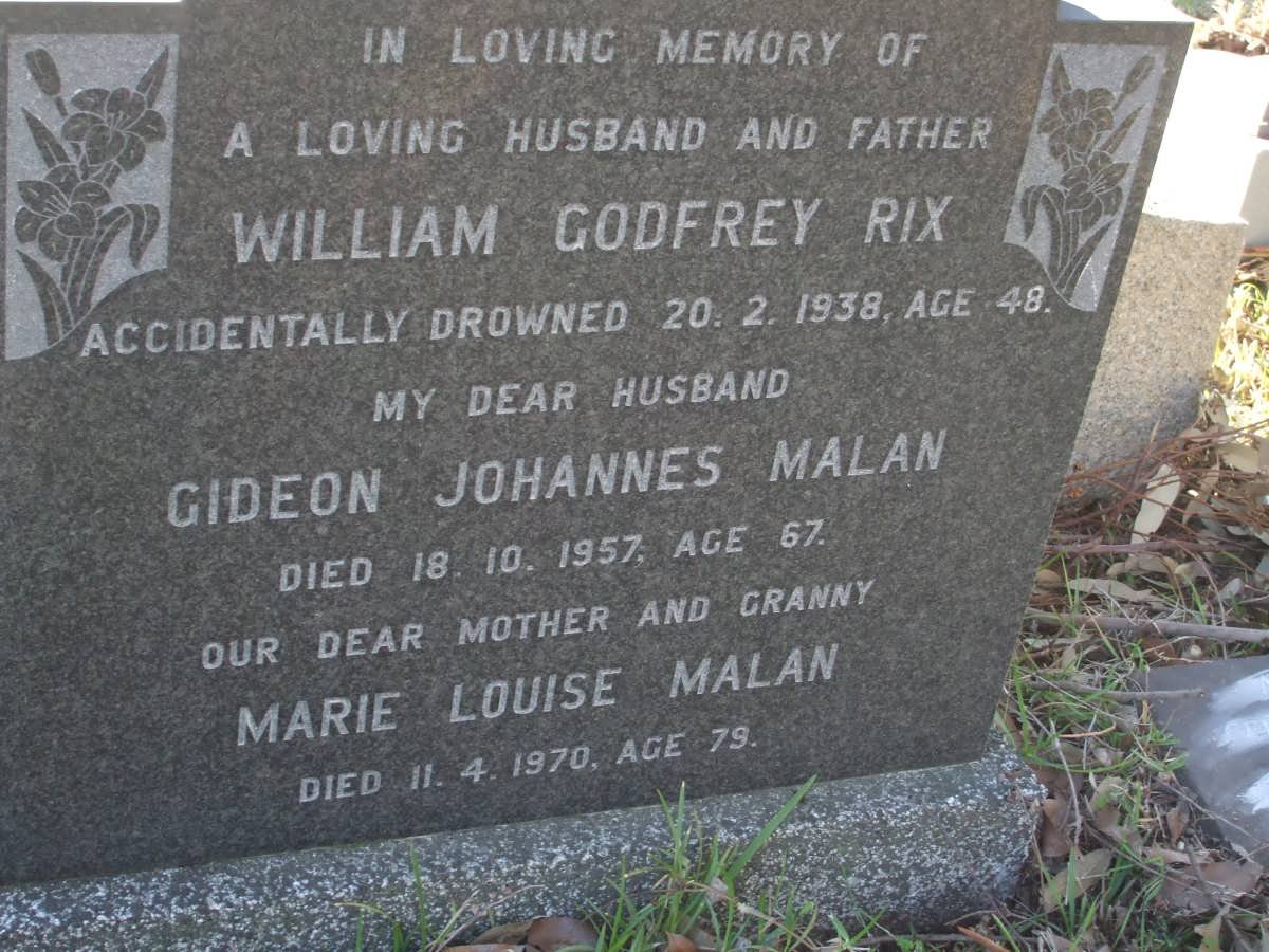 MALAN Gideon Johannes -1957 &amp; Marie Louise -1970 :: RIX William Godfrey -1938