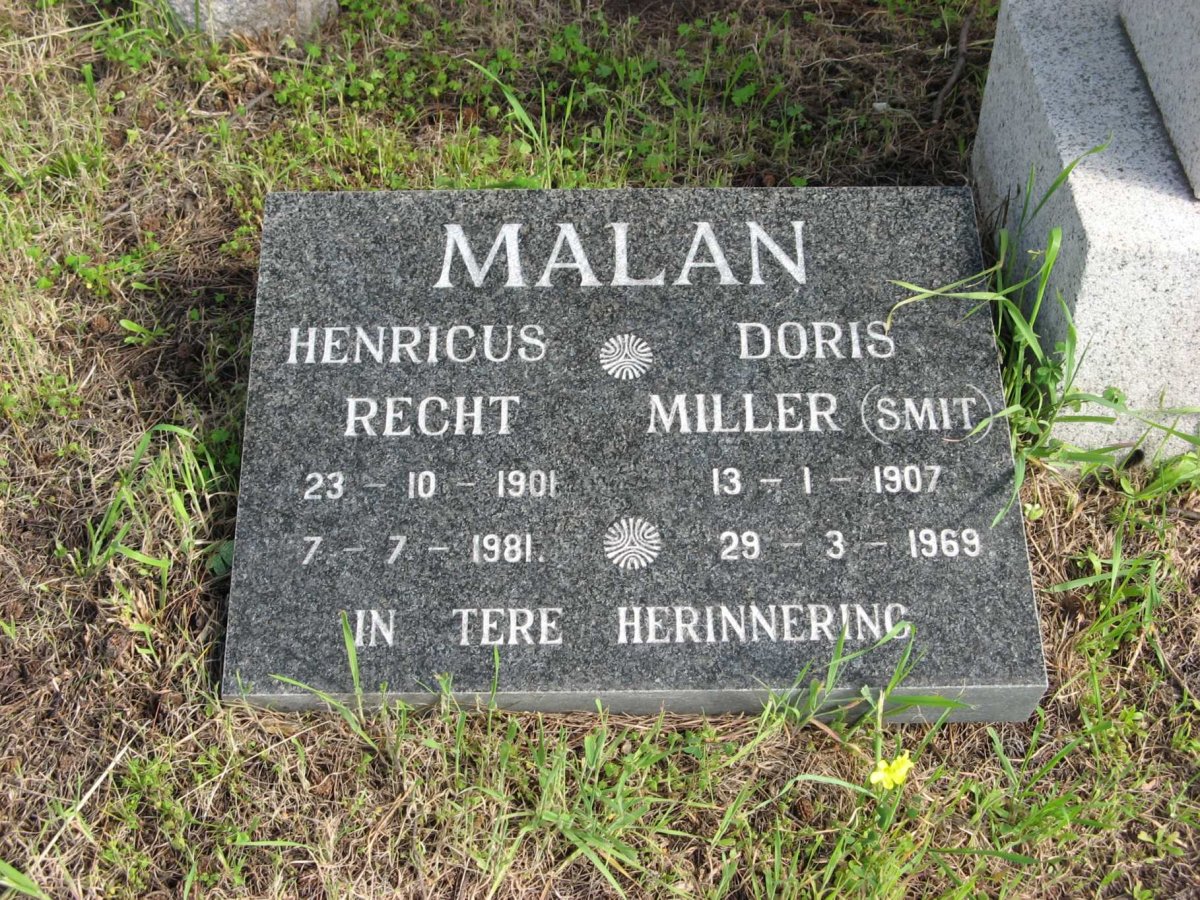 MALAN Henricus Recht 1901-1981 &amp; Doris Miller SMIT 1907-1969