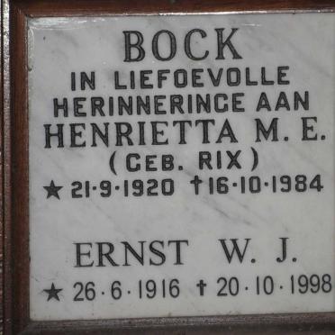 BOCK Ernst W.J. 1916-1998 &amp; Henrietta M.E. RIX 1920-1984