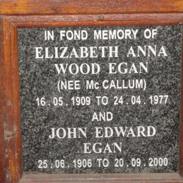 EGAN John Edward 1906-2000 &amp; Elizabeth Anna Wood Mc CALLUM 1909-1977