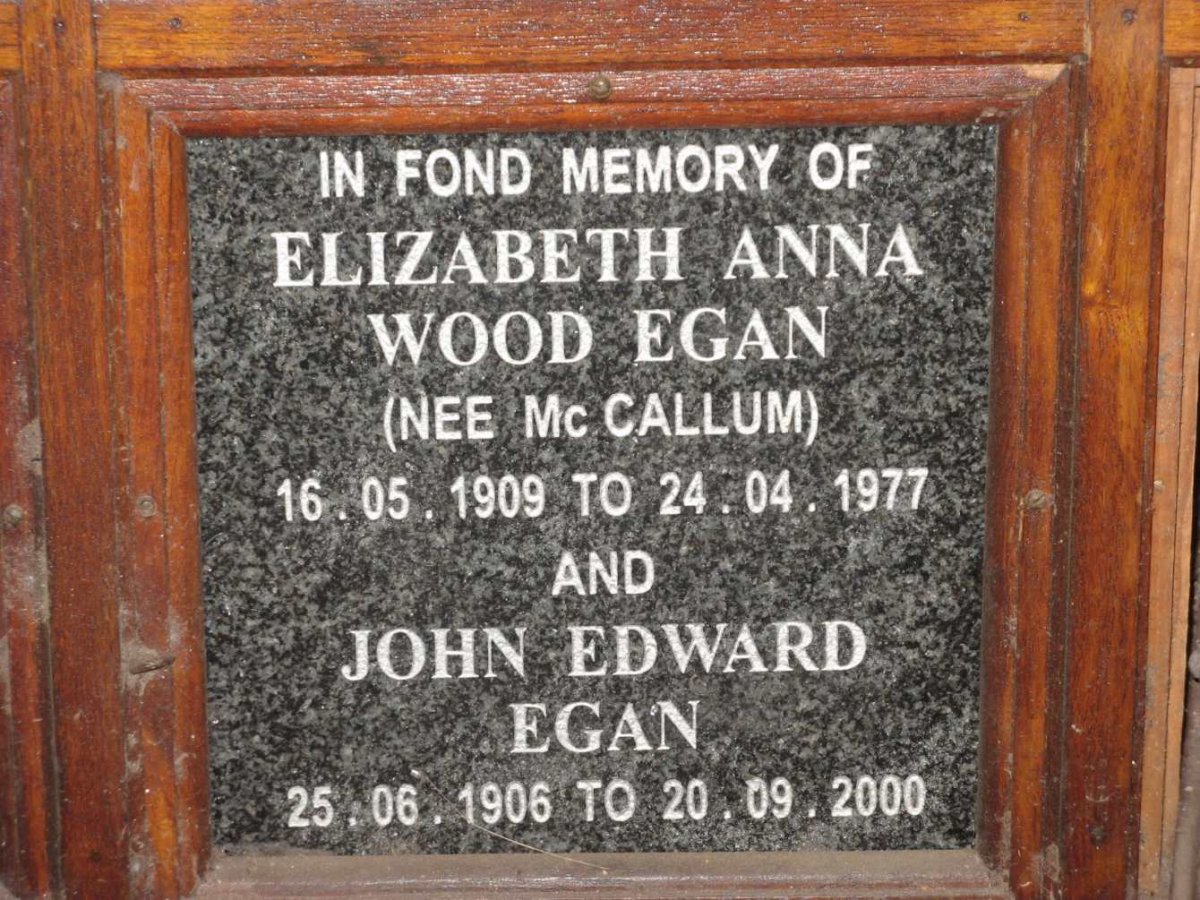 EGAN John Edward 1906-2000 &amp; Elizabeth Anna Wood Mc CALLUM 1909-1977