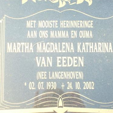 EEDEN Martha Magdalena Katharina, van nee LANGENHOVEN 1930-2002