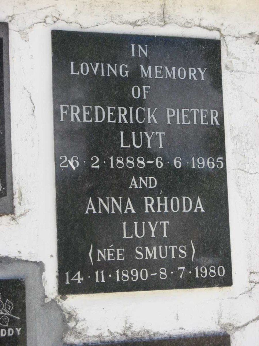 LUYT Frederick Pieter 1888-1965 &amp; Anna Rhoda SMUTS 1890-1980