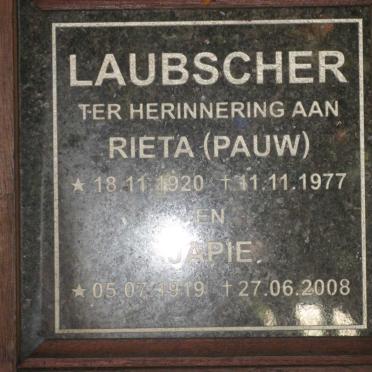 LAUBSCHER Japie 1919-2008 &amp; Rieta PAUW 1920-1977