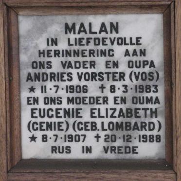 MALAN Andries Vorster 1906-1983 &amp; Eugenie Elizabeth LOMBARD 1907-1988