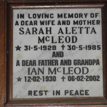 McLEOD Ian 1930-2002 &amp; Sarah Aletta 1928-1985