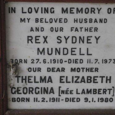 MUNDELL Rex Sydney 1910-1973 &amp; Thelma Elizabeth Georgina LAMBERT 1911-1980