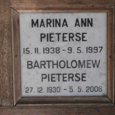 PIETERSE Bartholomew 1930-2006 &amp; Marina Ann 1938-1997