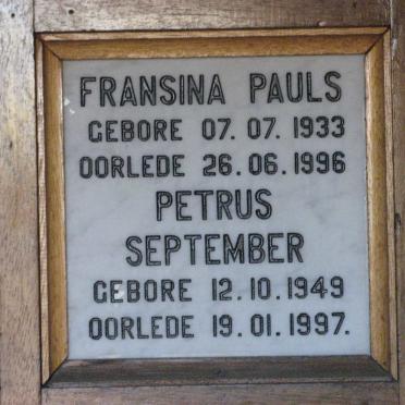 PAULS Fransina 1933-1996 :: SEPTEMBER Petrus 1949-1997