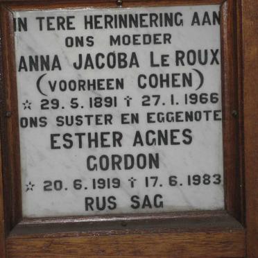 ROUX Anna Jacoba, le voorheen COHEN 1891-1966 :: GORDON Esther Agnes 1919-1983