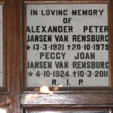 RENSBURG Alexander Peter, Jansen van 1921-1979 &amp; Peggy Joan 1924-2011
