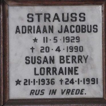 STRAUSS Adriaan Jacobus 1929-1990 &amp; Susan Berry Lorraine 1936-1991