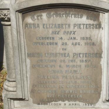 PIETERSEN Elizabeth nee ROUX 1835-1908 :: PIETERSEN Maria Dorothea 1857-1902 :: PIETERSEN Anna Maria Paulina 1875-1933 :: BRIERS