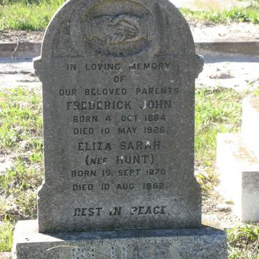 Frederick was born 4 October 1864 and died 10 May 1926. Eliza was born Hunt 19 September 1870 and died 10 August 1962.