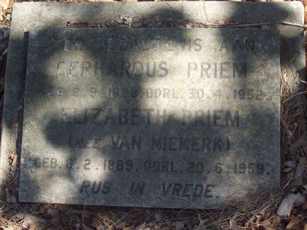 PRIEM Gerhardus 1888-1952 &amp; Elizabeth VAN NIEKERK 1889-1959