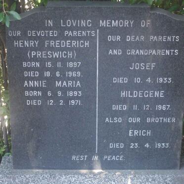 PRIESSNITZ Henry Frederich 1897-1969 &amp; Annie Maria 1893-1971 :: PRIESSNITZ Josef -1933 &amp; Hildegene -1967