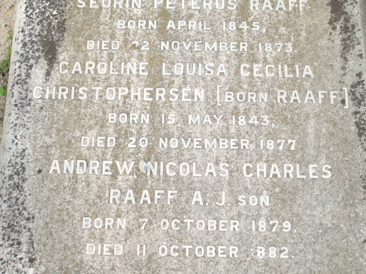 CHRISTOPHERSEN Caroline Louisa Cecilia nee RAAFF 1843-1877 :: RAAFF Andrew Nicolas Cahrles 1879-1882