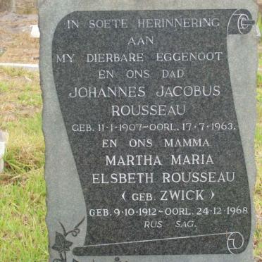 ROUSSEAU Johannes Jacobus 1907-1963 &amp; Martha Maria Elsbeth ZWICK 1912-1968