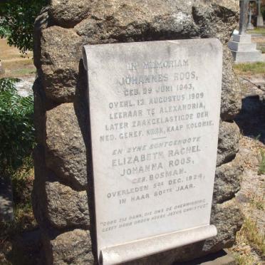 ROOS Johannes 1843-1909 &amp; Elizabeth Rachel Johanna BOSMAN -1924