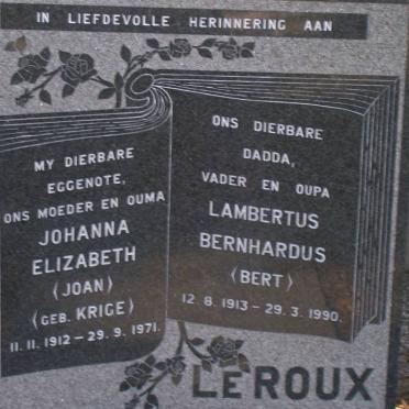 ROUX Lambertus Bernhardus, le 1913-1990 &amp; Johanna Elizabeth KRIGE 1912-1971