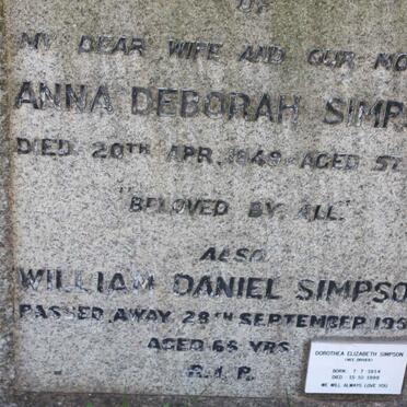 SIMPSON William Daniel -1954 & Anna Deborah -1949  :: SIMPSON Dorothea Elizabeth nee DRIVER 1914-1999